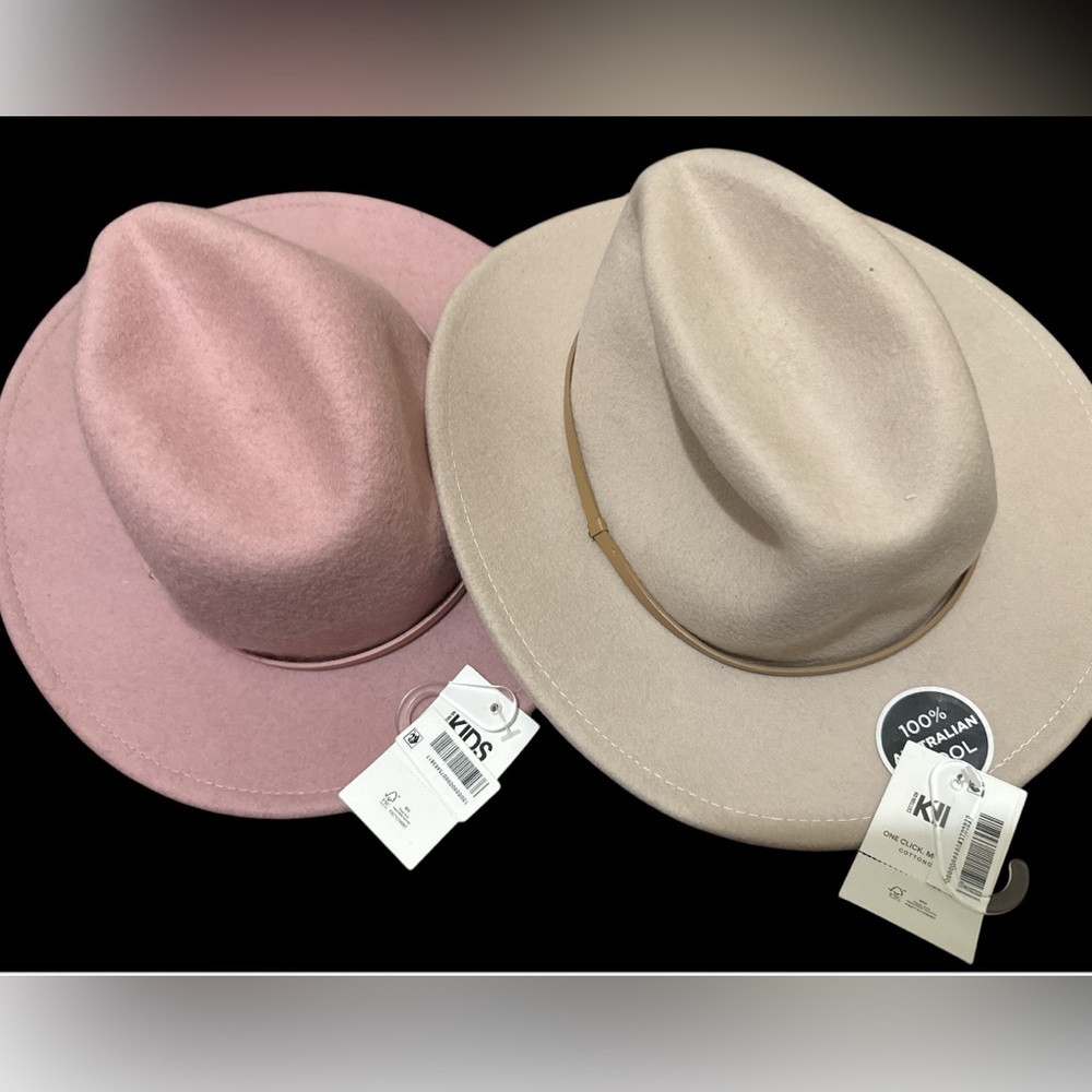 NWT Little Girls Wide Brim Hat - Pu Band Pink and washed stone